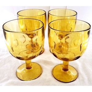 4 Bartlett Collins Amber Gold Glass Thumbprint Goblet Vintage